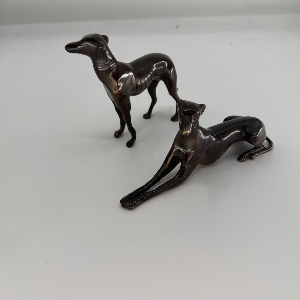 Vintage Brass Greyhound Whippet Dog Figurines Set of 2 Bronze Finish India - Picture 2 of 8